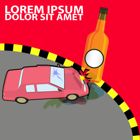 Liquor bottles obstructing car crashes into the curb. This illustration description to driving while drunk is case car accident.のイラスト素材