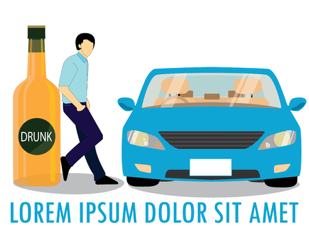 A man leaning on a bottle of liquor And a car beside Compare the concept of drunk driving.のイラスト素材