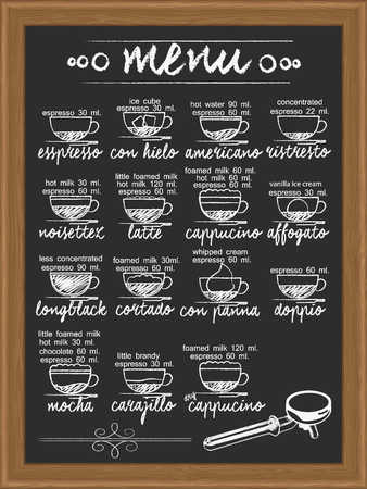 coffee menu and ingredient info hand drawn by chalk on chalkboard vertical vector styleのイラスト素材