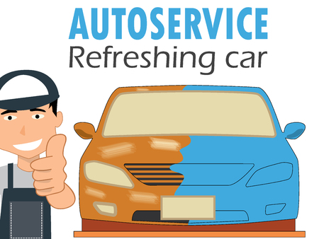 Mechanic painter holds a finger to demonstrate excellent service in service. In flat vector style.のイラスト素材