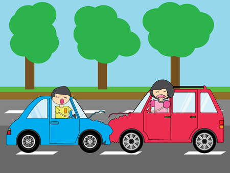 Car crash, with two cars front collide hit. Vector illustration cartoon.のイラスト素材