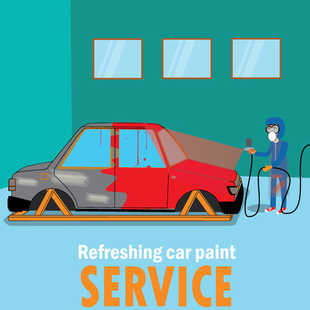 Specialist spray painting auto body at car collision repair shop. Flat style vector illustration wide styleのイラスト素材