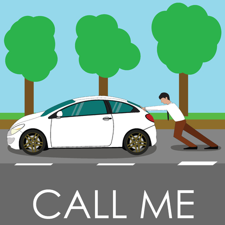 Business man pushing his broken car or a car out of gas, on flat vector style.のイラスト素材