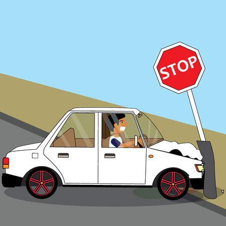 Car driver crashes on a traffic sign pole for insurance concept vector styleのイラスト素材