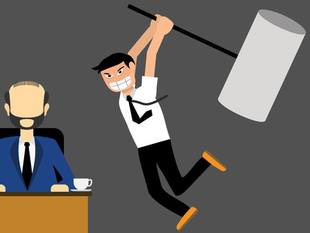 businessman holding a huge mallet jumping for to smash boss cartoon vectorのイラスト素材