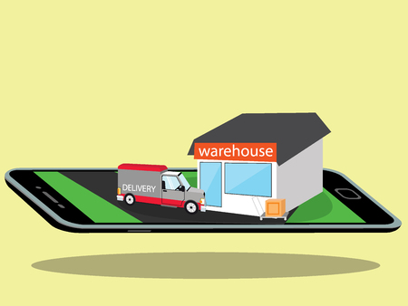 Shopping online business conceptual warehouse on  wide flat vector styleのイラスト素材