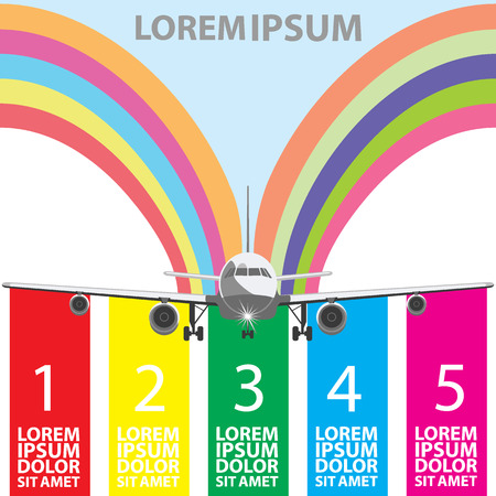 Info graphic design with jets and color tab banners on the rainbow background.のイラスト素材