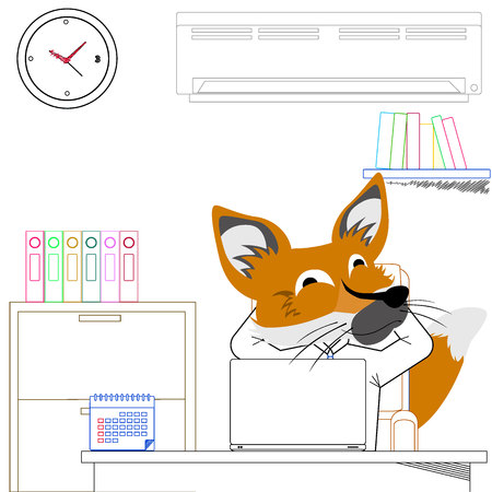 Business fox sit front desk cartoon character flat vector style.のイラスト素材