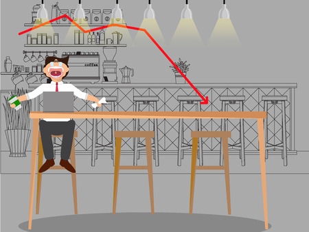 Business man sad with stock trading graph working in coffee shop. flat vector design.のイラスト素材