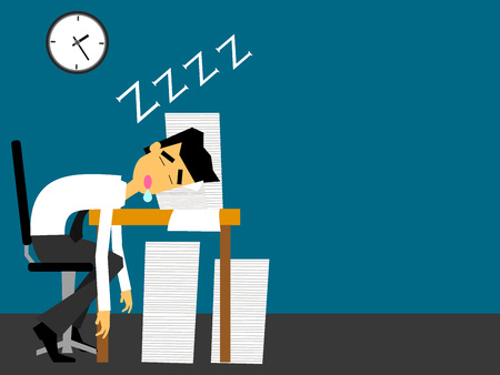 Business man sleeping at his office desk with tired and a lot of document. Flat vector design.のイラスト素材