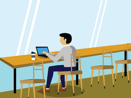 Businessman at work sitting in cafe alone using laptop. element of  flat vector design.のイラスト素材