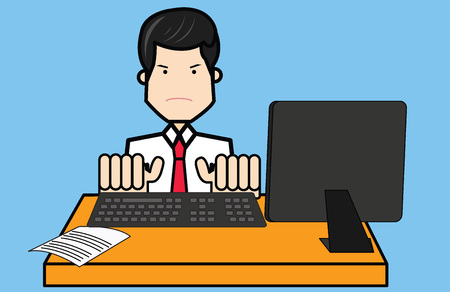 Businessman sitting with computer on desk, Vector flat designのイラスト素材
