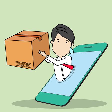 Businessman online shipping over generic smartphone on funny flat vector style.のイラスト素材