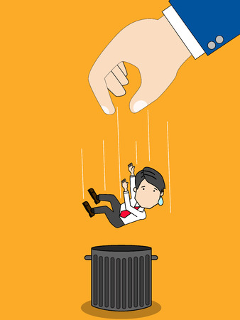 businessman dropped into trash can in layoff. Funny flat vector style.のイラスト素材