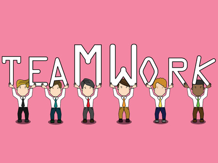 Group of businessman Showing teamwork characters. Flat funny wide vector style.のイラスト素材