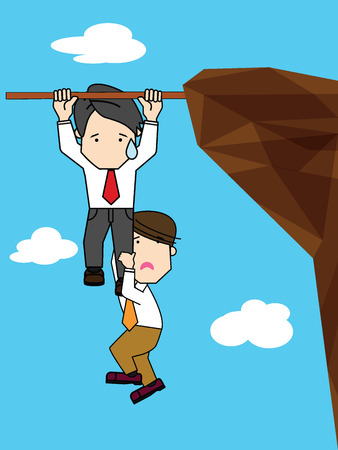 Businessman with friend or competitor hanging on a branch, Flat funny vector style.のイラスト素材