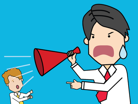 Businessman holding megaphone and shouting in colleague. Funny vector style.のイラスト素材