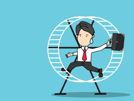 Businessman running in a hamster wheel. Funny businessman vector style.のイラスト素材
