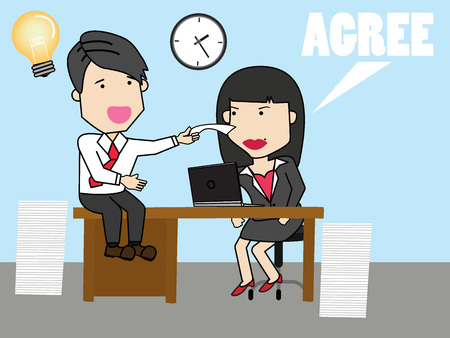 Employee employee discuss work with female colleagues. Funny vector concept.のイラスト素材