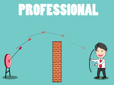 Businessman Shoot Arrow Over The Wall To The Target. Funny vector concept.のイラスト素材