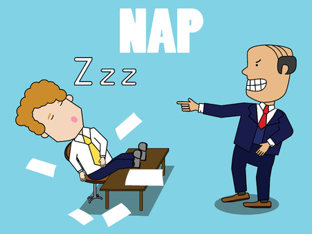 Boss in suit angry Employee fall asleep during working. Funny vector style.のイラスト素材