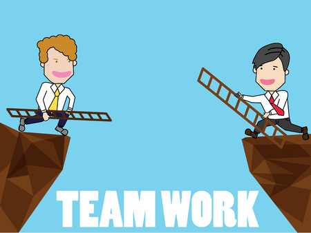 Businessman Building Bridge Over Cliff Gap Partner Support. Flat funny vector style.のイラスト素材
