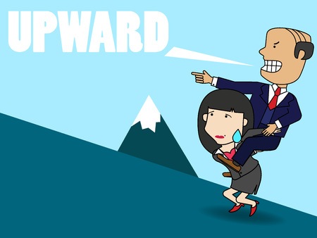 Employer oppresses female employees. Keep carrying yourself up to the top. Funny vector style.のイラスト素材
