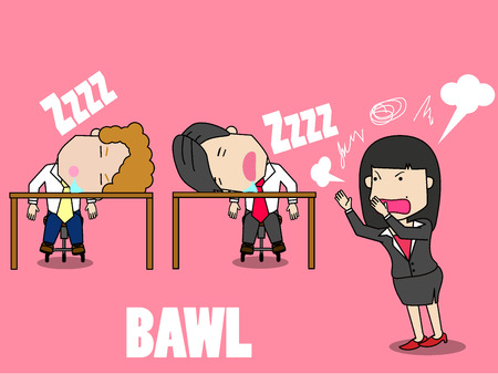 Employee sleeping in work time and angry businesswoman. Funny vector concept.のイラスト素材