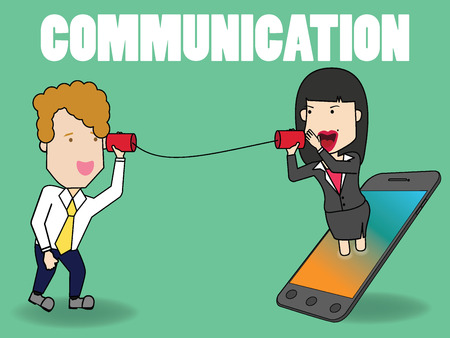 Friendly smiling businessman with girlfriend on smart phone connection. Funny flat vector concept.のイラスト素材
