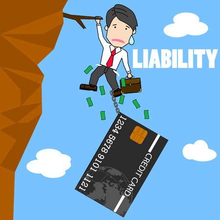 Businessman try hard to hold on the cliff with card burden. Funny flat vector concept.のイラスト素材