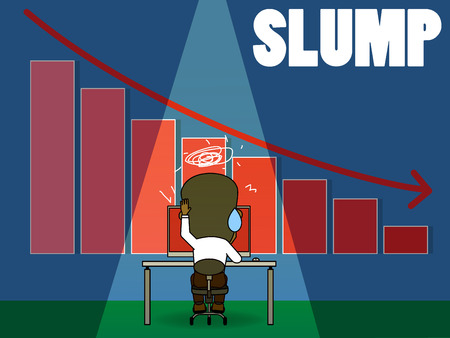  Business failure. Young worried businessman thinking about business graph with negative trend.Funny flat vectorのイラスト素材