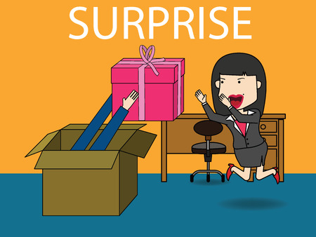 Businesswoman with gift Celebrations and enjoy congratulations. Funny flat vector design.のイラスト素材