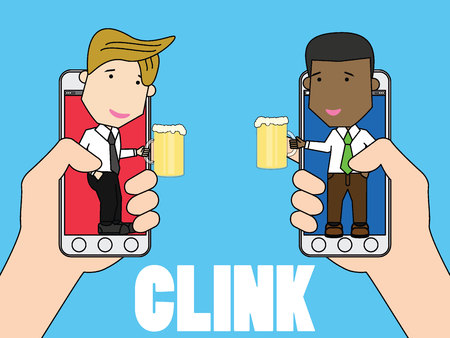 Business partners toasting with smart phone app to celebrate a successful contract signing or partnership agreement. Funny vector concept.のイラスト素材