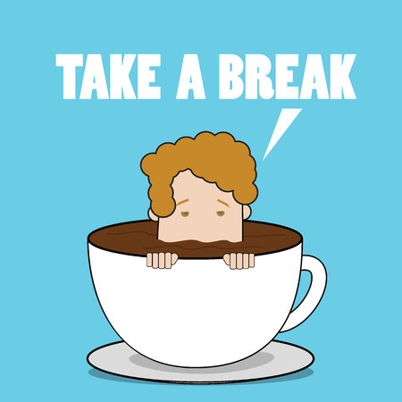 Young businessman is sinking to the bottom of a cup of coffee with a trance. Funny vector conceptのイラスト素材