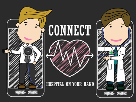 Patients use physiological app to doctor check the body via smart phone. Chalk hand draw on blackboardのイラスト素材