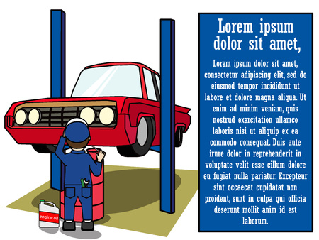 Mechanic standing under car and repairing a car lifted on auto hoist. Front view. Flat vector styleのイラスト素材