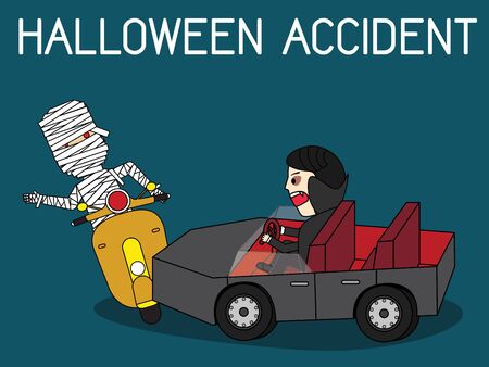 Dracula car Issue with a mummy scooter on night. Flat Vector Illustration.のイラスト素材