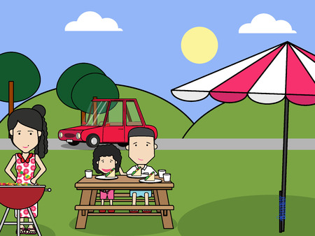 Happy Family with lunch on Picnic travel. Vector Illustration with Flat Design.のイラスト素材