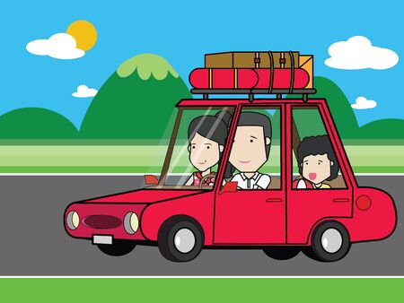 Funny family travel by red car on a road with mountains in background. Flat cartoon vector design.のイラスト素材