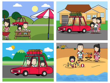 Happy Family with Picnic travel. Vector Illustration with Flat Design.のイラスト素材