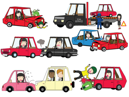 Worry of business girl and car accident on the road. Funny flat vector illustration.のイラスト素材