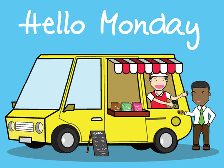 Mobile coffee van, hipster lifestyle on street, Funny flat vector illusrator style.のイラスト素材