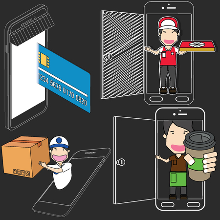 Online grocery ordering, smart phone delivery. Flat vector illustrator concept.のイラスト素材