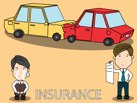 Car accident bumping and another man cry for case. Another man show guaranty insure and no worries for case. Funny vector cartoon.のイラスト素材
