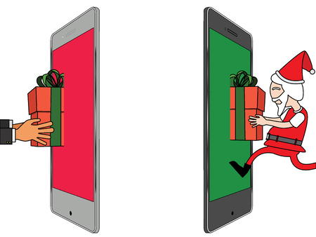 Human hand get a parcel from santa claus by mobile application. Flat funny Cartoon Vector Illustration design.のイラスト素材