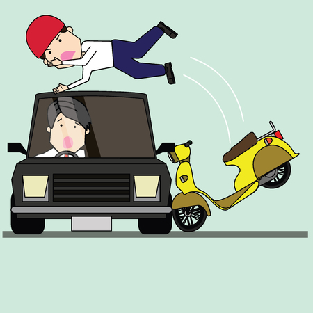 Man and motorcycle collide with side of car radically. Flat vector illustration concept.のイラスト素材