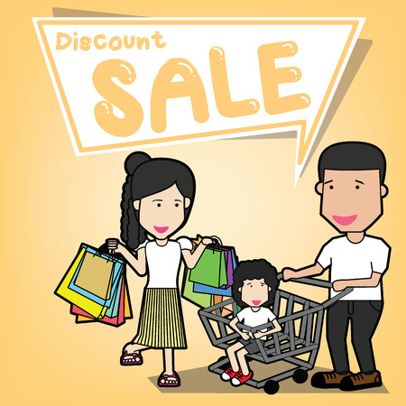Happy family going shopping together holding goods bagsのイラスト素材