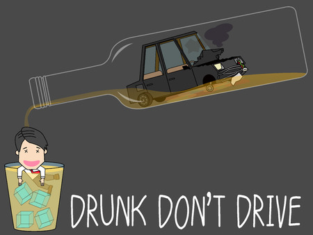Drunk man with bottle of alcohol While pouring in glass, trying to get the car. のイラスト素材