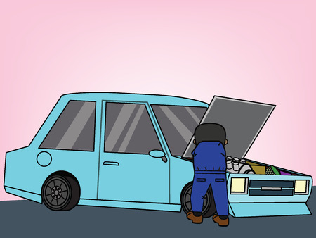 Uniformed auto mechanical maintaining under car hood and engine. Flat vector illustration concept.のイラスト素材
