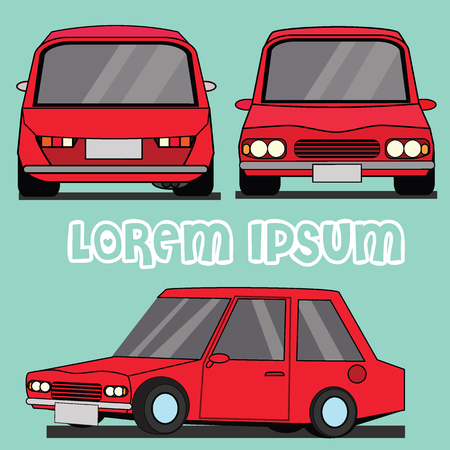 Red personal car  from three different angles. flat vector illustration.のイラスト素材